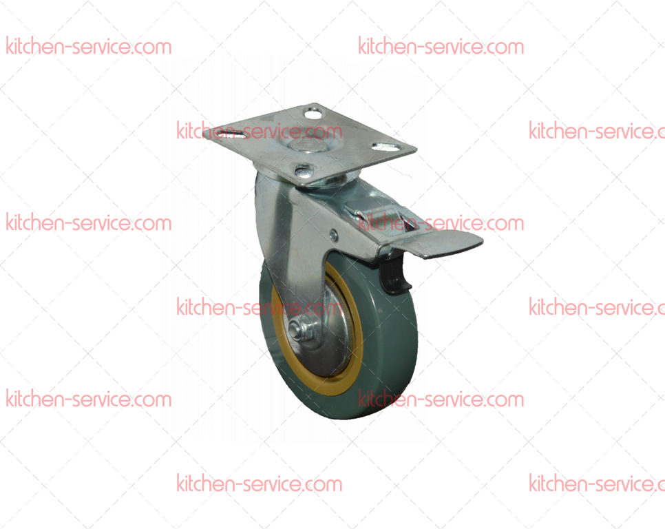 Колесо 100мм зеленая резина поворотное с тормозом (3054100-LT) Колесо 100мм зеленая резина поворотное с тормозом (3054100-LT)