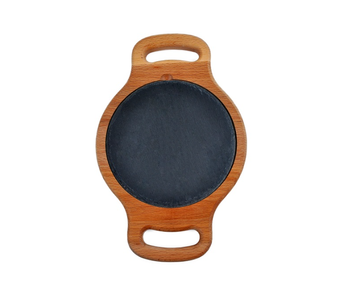 Блюдо для подачи круглое 15 см, черное, сланец, на деревянной подставке с ручками MGprof Блюдо для подачи круглое 15 см, черное, сланец, на деревянной подставке с ручками MGprof