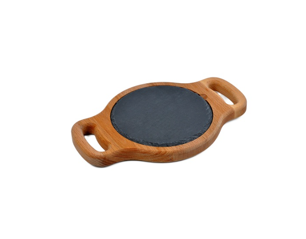 Блюдо для подачи круглое 15 см, черное, сланец, на деревянной подставке с ручками MGprof Блюдо для подачи круглое 15 см, черное, сланец, на деревянной подставке с ручками MGprof