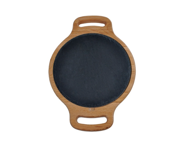 Блюдо для подачи круглое 20 см, черное, сланец, на деревянной подставке с ручками MGprof Блюдо для подачи круглое 20 см, черное, сланец, на деревянной подставке с ручками MGprof