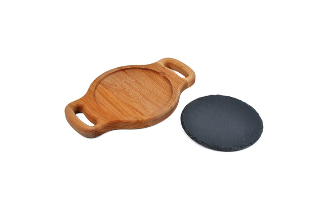 Блюдо для подачи круглое 15 см, черное, сланец, на деревянной подставке с ручками MGprof Блюдо для подачи круглое 15 см, черное, сланец, на деревянной подставке с ручками MGprof