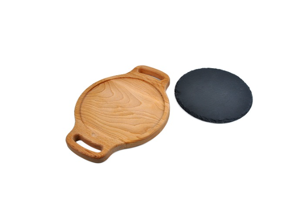 Блюдо для подачи круглое 20 см, черное, сланец, на деревянной подставке с ручками MGprof Блюдо для подачи круглое 20 см, черное, сланец, на деревянной подставке с ручками MGprof