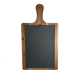 Блюдо для подачи прямоугольное 45х25 см 1,4 см черное, сланец, на деревянной подставке с ручкой MGprof