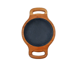 Блюдо для подачи круглое 15 см, черное, сланец, на деревянной подставке с ручками MGprof