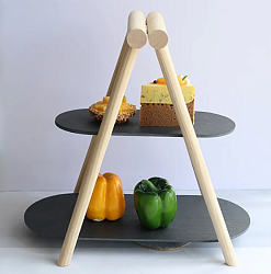 Этажерка 2-х ярусная 31х13,5/41х18,5 см, овальная с деревянной ножкой черная, сланец MGprof