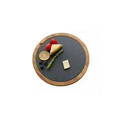 Блюдо для подачи круглое 30 см, 1,5 см черное, сланец, на деревянной подставке MGprof