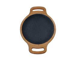 Блюдо для подачи круглое 20 см, черное, сланец, на деревянной подставке с ручками MGprof